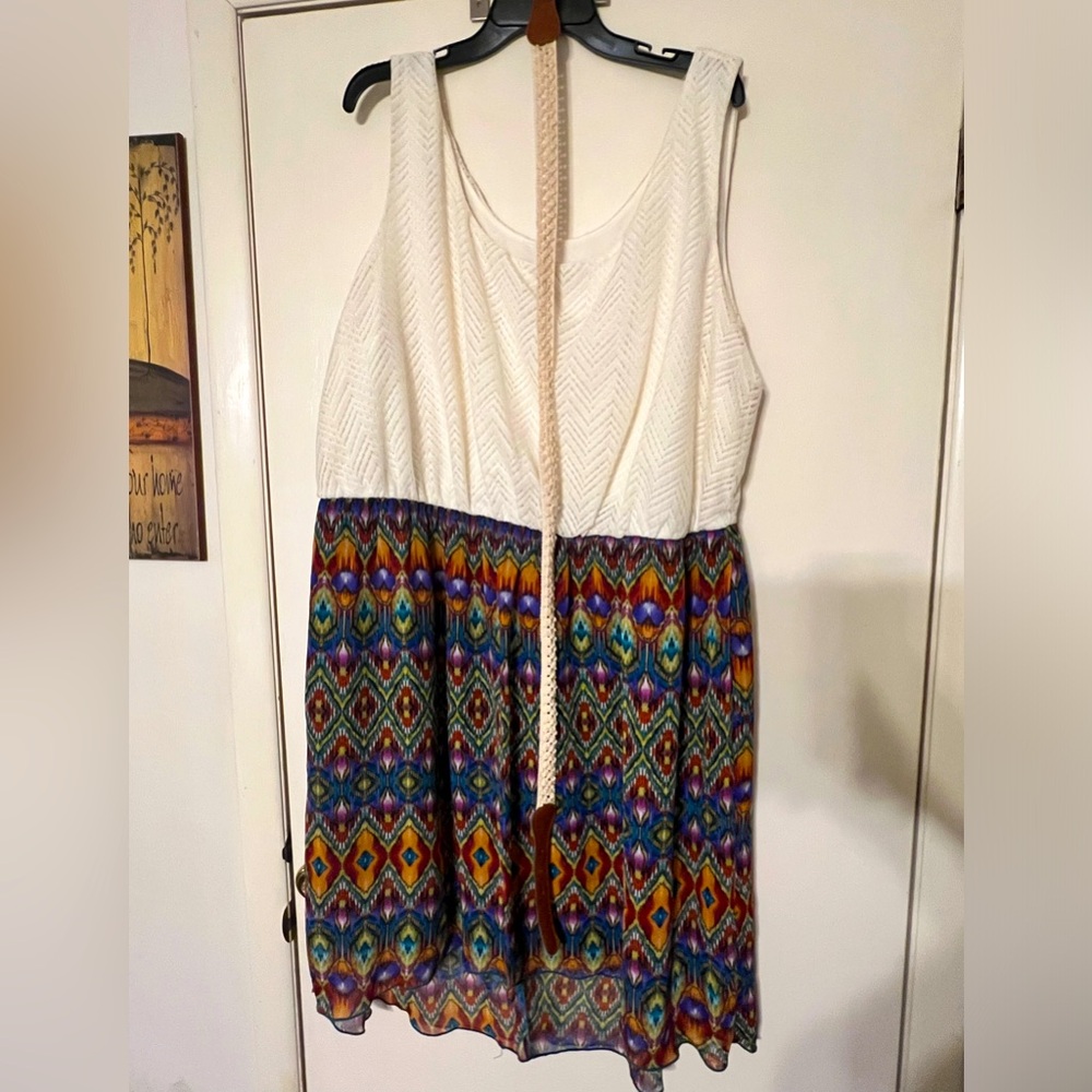 White and Multi Color Feather Design Sleeveless Dress from The Deb